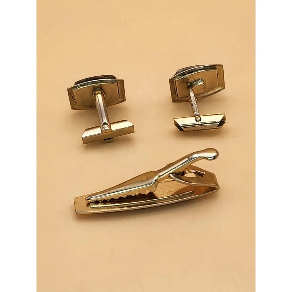 74 Yr Old 10k Gold Plate Tie Clip/Bar & Cufflinks Set Horse Equestrian Art Glass